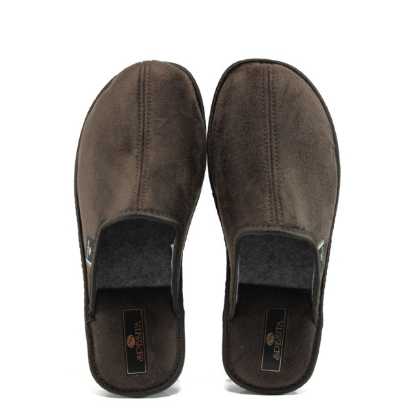Кафяви мъжки чехли, качествен еко-велур - всекидневни обувки за целогодишно ползване N 10009787