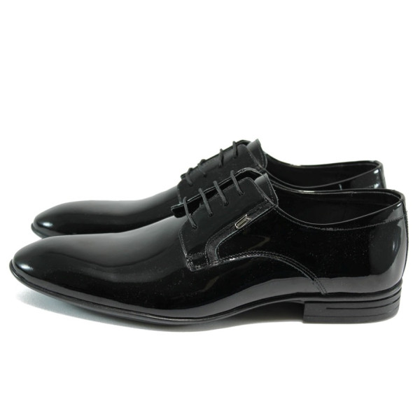 Черни официални мъжки обувки, лачена естествена кожа - официални обувки за целогодишно ползване N 10008181