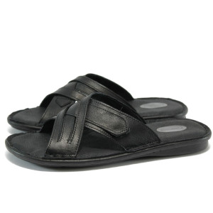 Анатомични черни мъжки чехли, естествена кожа - всекидневни обувки за лятото N 10008788