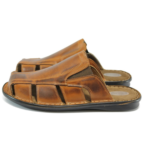 Анатомични кафяви мъжки чехли, естествена кожа - всекидневни обувки за лятото N 10008909