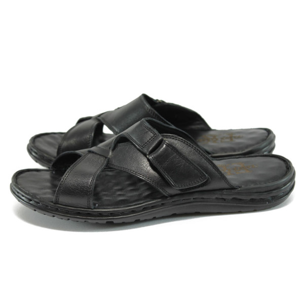 Анатомични черни мъжки чехли, естествена кожа - всекидневни обувки за лятото N 10009011