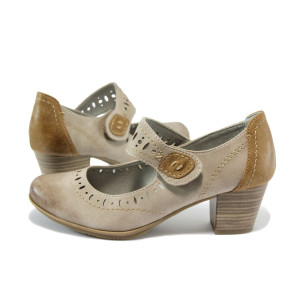 Бежови дамски обувки със среден ток, здрава еко-кожа - всекидневни обувки за пролетта и есента N 10007861