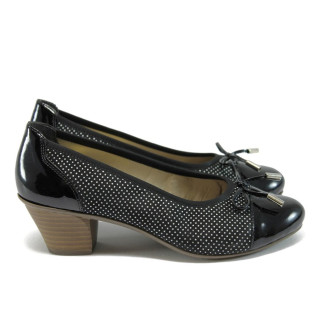 Черни дамски обувки със среден ток, естествена кожа и текстилна материя - всекидневни обувки за пролетта и лятото N 10008518