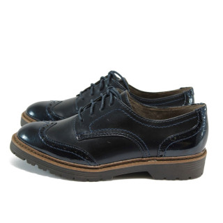 Тъмносини дамски обувки с равна подметка, еко-кожа и лачена еко-кожа - всекидневни обувки за пролетта и есента N 10008918
