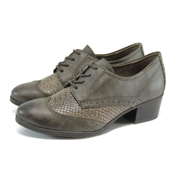 Кафяви дамски обувки със среден ток, еко-кожа с крокодилска шарка - всекидневни обувки за пролетта и есента N 10009013
