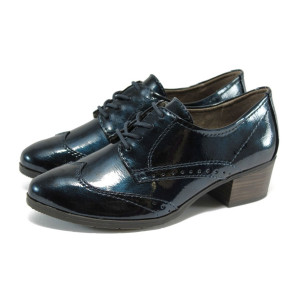 Тъмносини дамски обувки със среден ток, лачена еко кожа - всекидневни обувки за пролетта и есента N 10009014