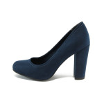 Тъмносини дамски обувки с висок ток, качествен еко-велур - всекидневни обувки за целогодишно ползване N 10009027