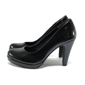 Тъмносини дамски обувки с висок ток, лачена еко кожа - официални обувки за целогодишно ползване N 10009039