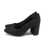 Черни дамски обувки с висок ток, качествен еко-велур - официални обувки за целогодишно ползване N 10009060