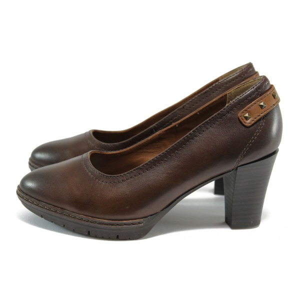 Кафяви анатомични дамски обувки с висок ток, естествена кожа - официални обувки за есента и зимата N 10009146