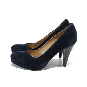 Тъмносини дамски обувки с висок ток, качествен еко-велур - всекидневни обувки за целогодишно ползване N 10009914