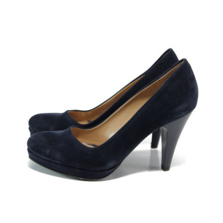 Тъмносини дамски обувки с висок ток, качествен еко-велур - всекидневни обувки за целогодишно ползване N 10009914