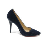 Сини дамски обувки с висок ток, качествен еко-велур - официални обувки за целогодишно ползване N 10009931