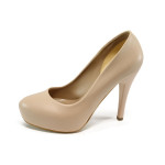Бежови дамски обувки с висок ток, здрава еко-кожа - официални обувки за целогодишно ползване N 10009952