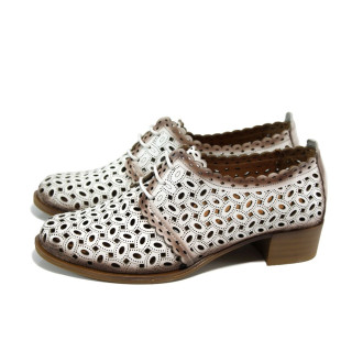Бели анатомични дамски обувки със среден ток, естествена кожа перфорирана - ежедневни обувки за пролетта и лятото N 10009954
