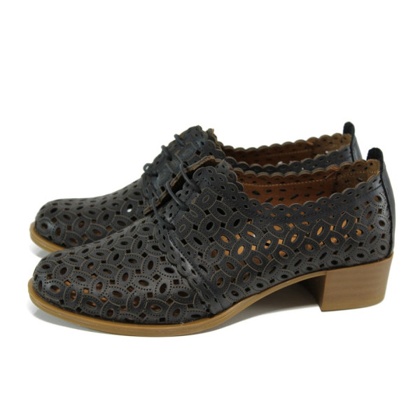 Черни дамски обувки със среден ток, естествена кожа перфорирана - ежедневни обувки за пролетта и лятото N 10009955