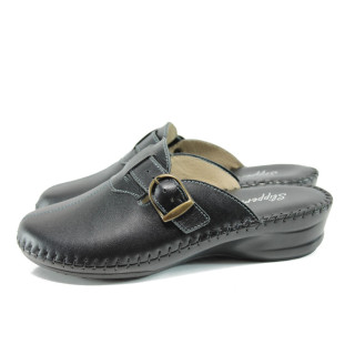 Черни анатомични дамски чехли, естествена кожа - ежедневни обувки за целогодишно ползване N 100010119