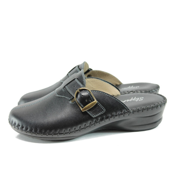 Черни анатомични дамски чехли, естествена кожа - ежедневни обувки за целогодишно ползване N 100010119