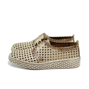 Бежови анатомични дамски обувки с равна подметка, естествена кожа - ежедневни обувки за пролетта и лятото N 100010433