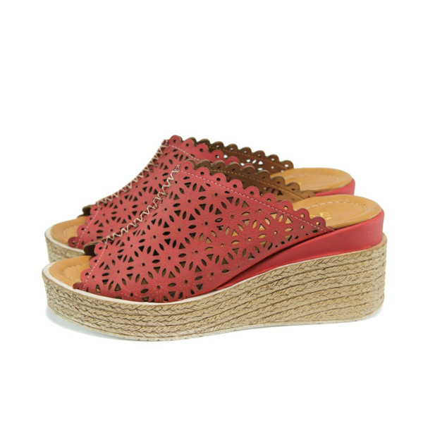 Червени анатомични дамски чехли, естествена кожа - всекидневни обувки за лятото N 100010656