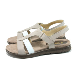 Бежови анатомични дамски сандали, естествена кожа и текстилна материя - всекидневни обувки за лятото N 100011055