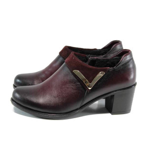 Винени анатомични дамски обувки със среден ток, естествена кожа - всекидневни обувки за есента и зимата N 100011486