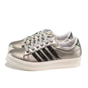 Сребристи спортни дамски обувки, здрава еко-кожа - всекидневни обувки за есента и зимата N 100011481