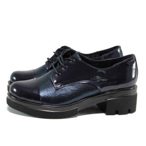 Сини анатомични дамски обувки със среден ток, естествена кожа - всекидневни обувки за есента и зимата N 100011563