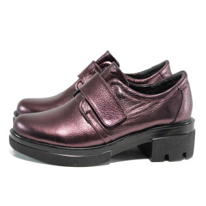 Винени анатомични дамски обувки със среден ток, естествена кожа - всекидневни обувки за есента и зимата N 100011566