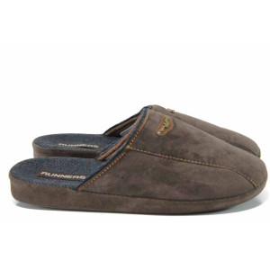 Кафяви анатомични мъжки чехли, текстилна материя - равни обувки за целогодишно ползване N 100011709