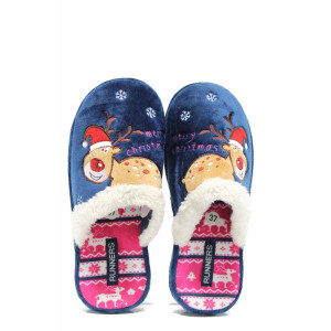 Сини анатомични дамски пантофки, текстилна материя - равни обувки за целогодишно ползване N 100011714