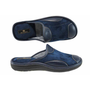 Тъмносини анатомични мъжки чехли, текстилна материя - равни обувки за целогодишно ползване N 100011862