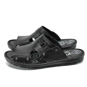 Черни анатомични мъжки чехли, естествена кожа - всекидневни обувки за лятото N 100010844