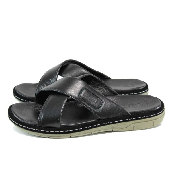 Черни анатомични мъжки чехли, естествена кожа - ежедневни обувки за лятото N 100011000