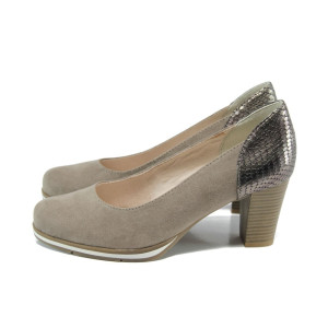Бежови дамски обувки с висок ток, качествен еко-велур - всекидневни обувки за целогодишно ползване N 10009882