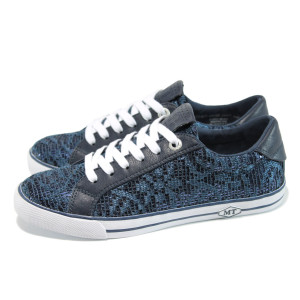 Сини дамски обувки с равна подметка, еко-кожа и текстилна материя - всекидневни обувки за пролетта и лятото N 10009886