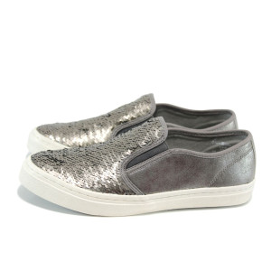 Сребристи дамски обувки с равна подметка, текстилна материя с брокат - всекидневни обувки за пролетта и лятото N 100010449