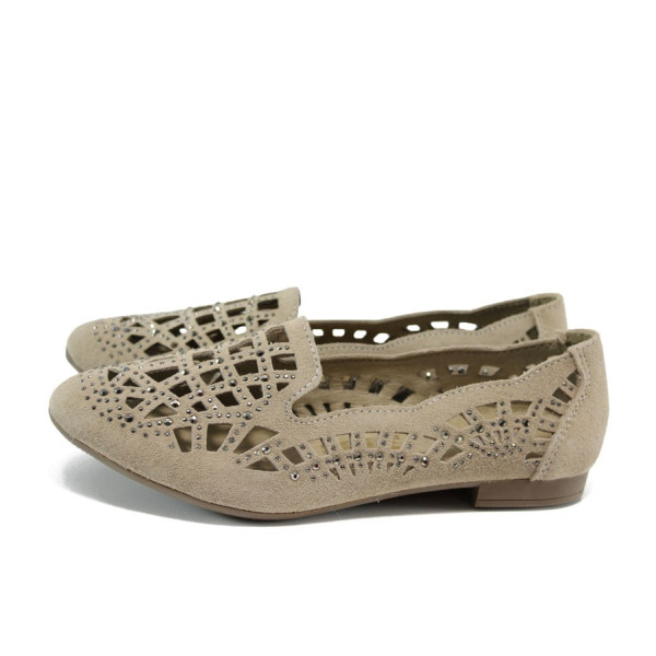 Бежови дамски обувки с равна подметка, естествена кожа - всекидневни обувки за пролетта и лятото N 100010452