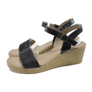 Черни дамски сандали, естествена кожа и текстилна материя - всекидневни обувки за лятото N 100010481