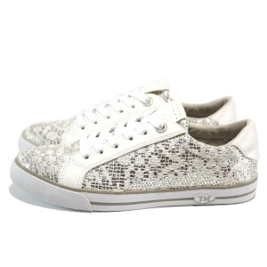 Сребристи дамски обувки с равна подметка, еко-кожа и текстилна материя - всекидневни обувки за пролетта и лятото N 100010504