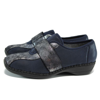 Тъмносини дамски обувки с равна подметка, еко-кожа и текстилна материя - всекидневни обувки за пролетта и лятото N 100010517