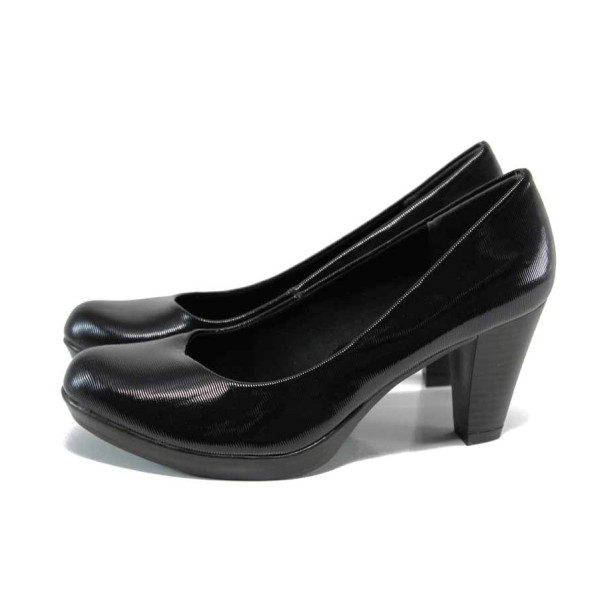 Черни дамски обувки с висок ток, лачена еко кожа - официални обувки за целогодишно ползване N 100011369