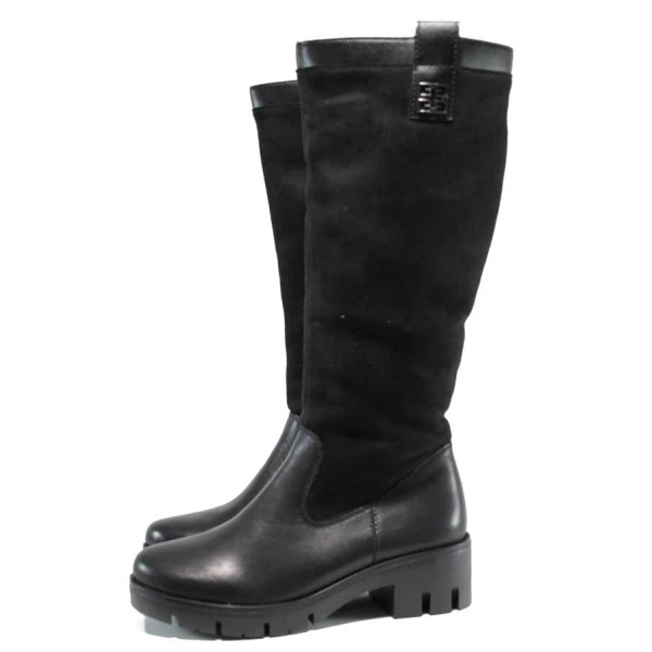 Черни дамски боти, естествена кожа и велурена еко-кожа - всекидневни обувки за есента и зимата N 100011826