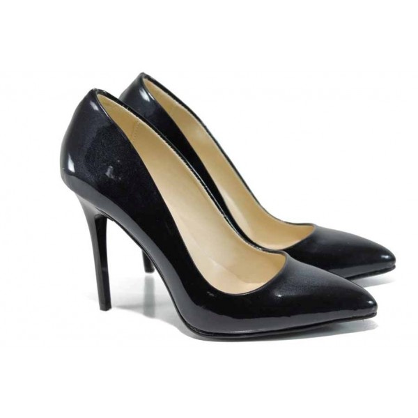 Черни дамски обувки с висок ток, лачена еко кожа - официални обувки за целогодишно ползване N 100012067