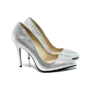 Сребристи дамски обувки с висок ток, здрава еко-кожа - официални обувки за целогодишно ползване N 100012081