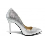 Сребристи дамски обувки с висок ток, здрава еко-кожа - официални обувки за целогодишно ползване N 100012081