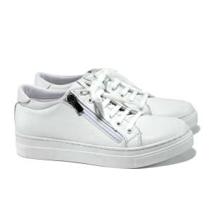 Бели дамски обувки с равна подметка, естествена кожа - спортни обувки за пролетта и лятото N 100012076