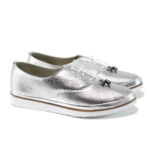 Сребристи анатомични дамски обувки с равна подметка, естествена кожа - всекидневни обувки за пролетта и лятото N 100012075