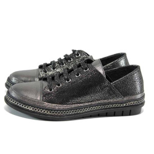 Сребристи анатомични дамски обувки с равна подметка, естествена кожа - ежедневни обувки за пролетта и лятото N 100012132