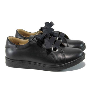 Черни дамски обувки с равна подметка, естествена кожа - спортни обувки за пролетта и лятото N 100012130